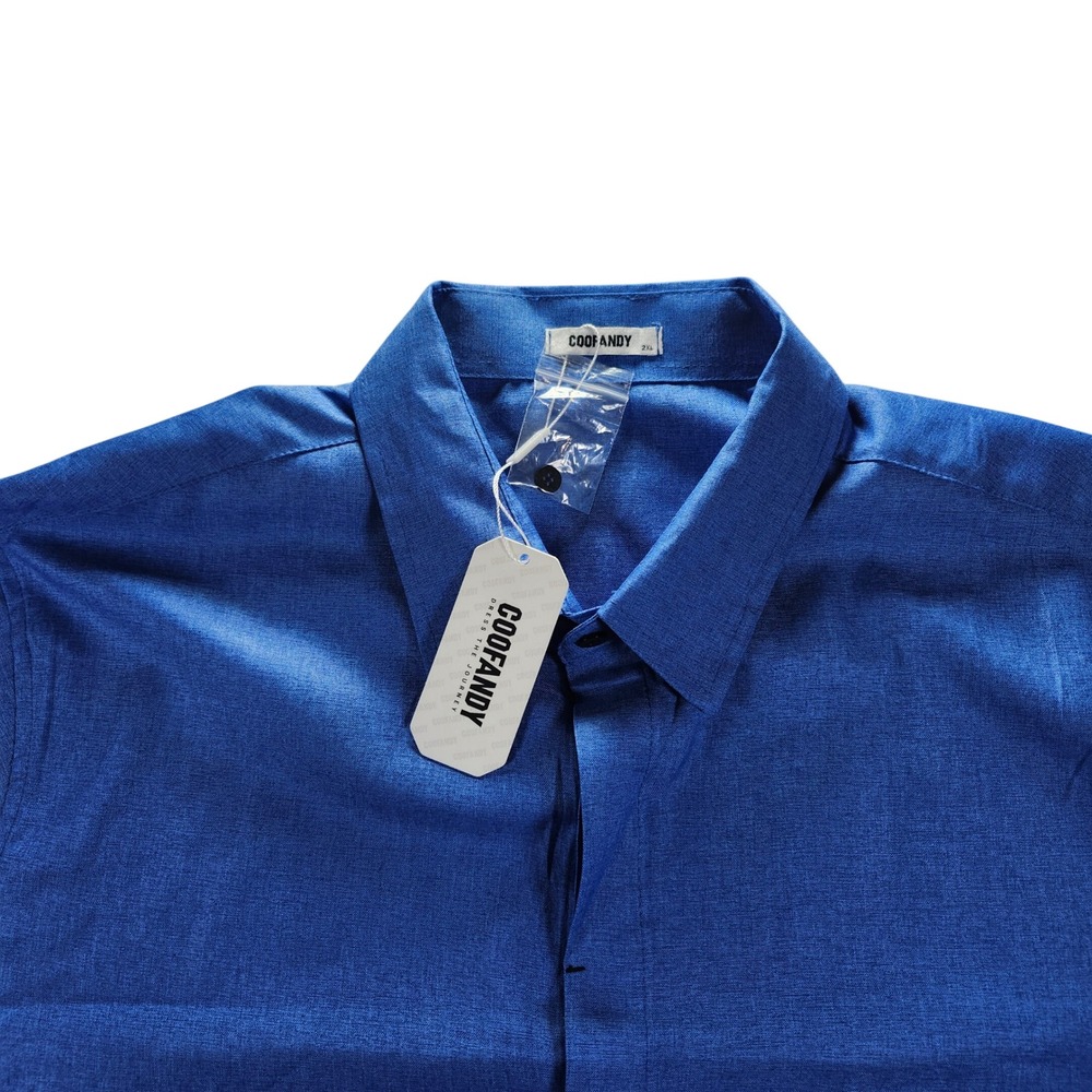 COOFANDY Button Down Shirt Men 2XL Blue New Short Sleeve Textured Hidden Placket - Picture 4 of 11